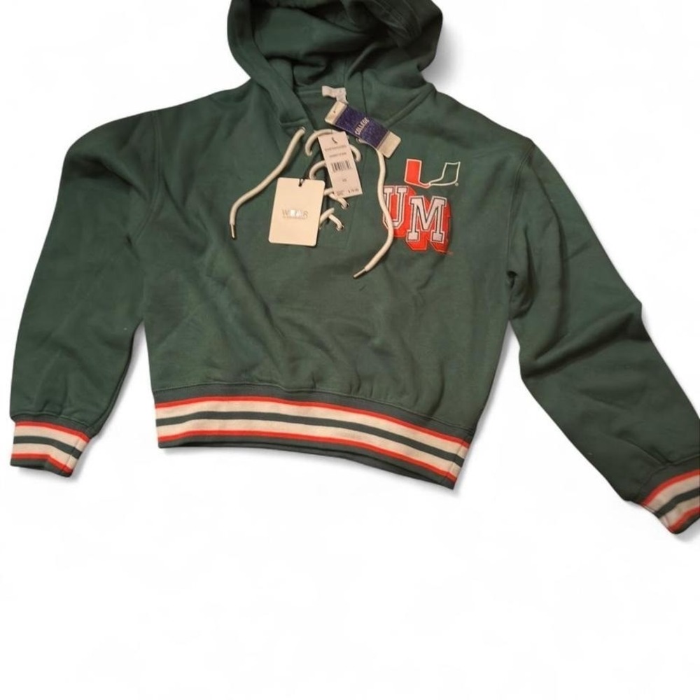 WEAR by Erin Andrews University of Miami Hurricanes Cropped Lace Up Hoodie XS - Picture 2 of 5